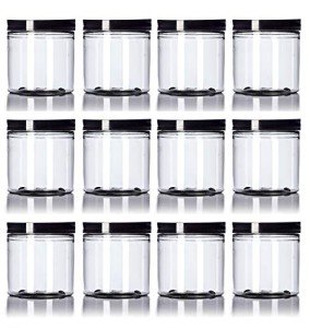 Clear Plastic Vials with Black Lids, 8 oz - 12 Pack