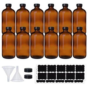 12 Pack Amber Boston Round Glass Bottles