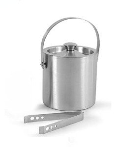 Insulated Silver Ice Bucket with Lid and Tongs