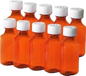 Amber Plastic Medicine Bottles with Safety Caps - 10 Pack