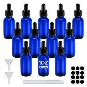 12 Pack 1 oz Blue Dropper Bottles with Glass Dropper