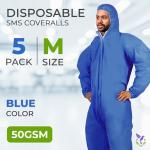 Blue Disposable Coveralls with Hood - Pack of 5