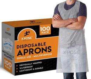 100 White Disposable Plastic Aprons - 24" x 48