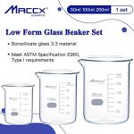 Maccx Sturdy Glass Beakers, 3 Sizes of 50ml 100ml 250ml,3.3 Borosilicate Griffin Low Form with Printed Graduation, BKLS01-003