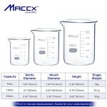 Maccx Sturdy Glass Beakers, 3 Sizes of 50ml 100ml 250ml,3.3 Borosilicate Griffin Low Form with Printed Graduation, BKLS01-003