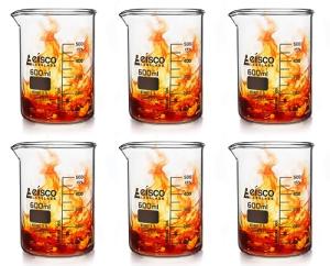 EISCO 6PK Beakers, 600mL - Low Form with Spout - White, 50mL Graduations - Borosilicate 3.3 Glass