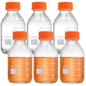 Yopay 6 Pack Media Storage Bottles 500ml, Reusable Glass Bottle with GL45 Screw Cap, Round Leakproof Scientific Glass Container for Labs, Classrooms or Home Use