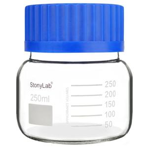 stonylab Graduated Storage Bottle, Premium Glass Round Bottom Reagent Bottle with GL80 Screw Cap, High Transparency Wide Mouth Media Storage Bottle with Clear Scale, 250 ml