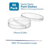Estresen 30 PCS 90mm 2 Compartments Plastic Petri Dish with Lids, Sterile with 10PCS 10uL Inoculation Loops