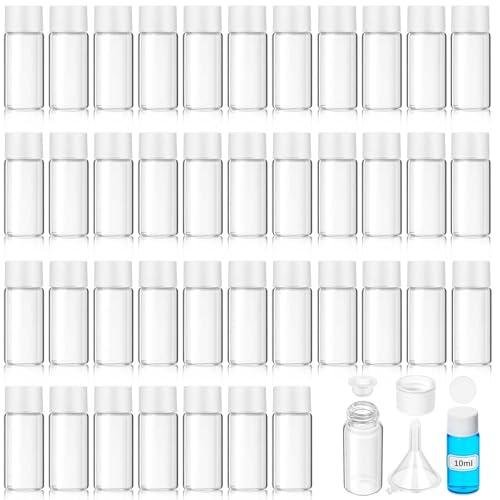 Reallnaive 40 Pcs 10 ml Clear Glass Vial Sealed Sample Bottles with White Screw Cap and Inner Plug Marker Stickers Funnel Foam Gasket Leak-proof Liquid Storage Small Lab Sample Vials