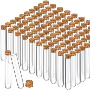 Thyle 100 Pcs Glass Test Tubes with Cork Clear Stoppers Round Bottom Lab Test Alcohol Tampons Glass Tubes Container Vials for Plants Scientific Experiments Candy Storage Party Favors (25x140mm/45ml)