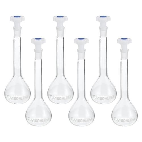 PATIKIL 100ml Volumetric Flask, 6Pcs 3.3 Borosilicate Glass Graduated Volumetric Measuring Flask with Plug Cap Tolerance 0.1ml for Lab Experiment, Clear