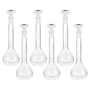 PATIKIL 100ml Volumetric Flask, 6Pcs 3.3 Borosilicate Glass Graduated Volumetric Measuring Flask with Plug Cap Tolerance 0.1ml for Lab Experiment, Clear