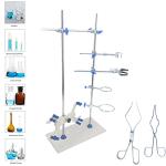 EWANYO Laboratory Stands Support Set, with a Round-jaw Burette Clamp & Butterfly Burette Clamp, Lab Clamp Retort and 2 Flask Ring Clamps, Rod Length 60cm Sciencent Laboratory Grade Lab Metalware Set