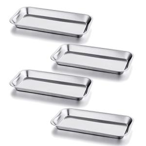 GETTON 4 Pack Small Surgical Tray, 201 Stainless Steel Tray with Seamless Trays and Moderate Edge Height for Lab Dental Tattoo Piercing Instruments Organizer, Silver