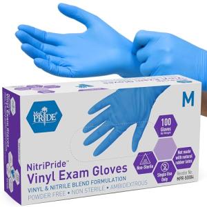 MED PRIDE NitriPride Nitrile-Vinyl Blend Exam Gloves, Medium 100 - Powder Free, Latex Free & Rubber Free - Single Use Non-Sterile Protective Gloves for Medical Use, Cooking, Cleaning & More