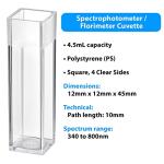 Polystyrene Square Cuvettes, 4.5mL Capacity (500 Count)