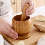 Bamboo Mortar and Pestle Set for Kitchen Use