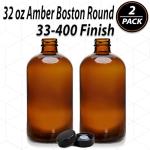 32 oz Amber Glass Boston Round Bottles - 2 Pack