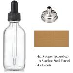 4 Clear Glass Dropper Bottles with Funnels & Labels