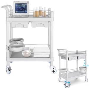 2-Tier Medical Trolley Cart with Wheels and Drawers