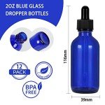 12 Pack 60 ml 2 oz Blue Glass Boston Bottles with Glass Droppers and Black Caps.Glass Dropper Bottles for Essential Oils,Lab Chemicals,Colognes,Perfumes.Included 1 Brush,2 Funnels and 24 Labels.