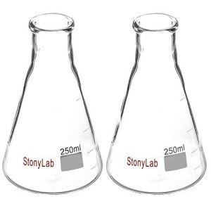 stonylab 2-Pack Glass 250ml Heavy Wall Narrow Mouth Erlenmeyer Flasks with Heavy Duty Rim (250ml Fits with stonylab 6# Rubber Stopper)