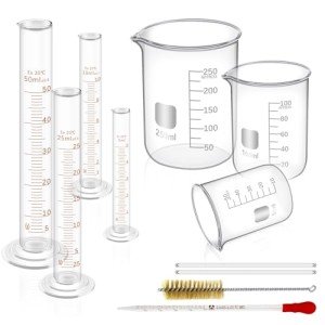 creahub 11 Pieces Glass Measuring Beaker 50/100/250 ml, Glass Graduated Cylinder 5/10/25/50 ml with 1 Brush, 2 Diameter and 1 Droppers for Science Lab, Glass Beaker Set