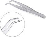 Long Forceps Tweezers, Serrated Bent Tweezers Flat Tips Precision Curved Science Surgical Tongs Jewelers Needle Metal Sewing Sharp Small Kitchen Cooking Tweezers With Teeth Knurled Handles (1PCS)