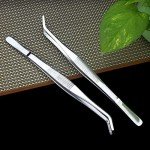 Long Forceps Tweezers, Serrated Bent Tweezers Flat Tips Precision Curved Science Surgical Tongs Jewelers Needle Metal Sewing Sharp Small Kitchen Cooking Tweezers With Teeth Knurled Handles (1PCS)