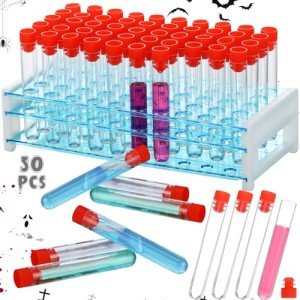 50 Plastic Test Tubes with Rack and Caps