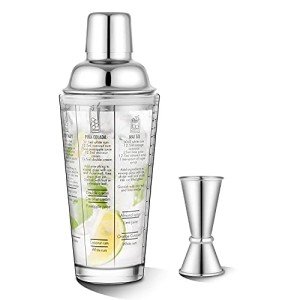 Recipe-Printed Glass Cocktail Shaker with Jigger