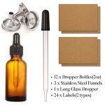 12 Pack Amber Glass Dropper Bottles with Funnels