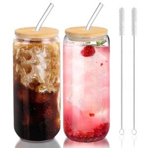 20 Oz Glass Cups with Lids and Straws - 2 Pack