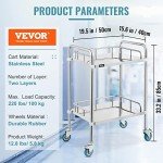 VEVOR 2-Shelf Stainless Steel Lab Cart with Wheels