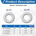 500 Pcs Stainless Steel Flat Washers, 1/4" ID