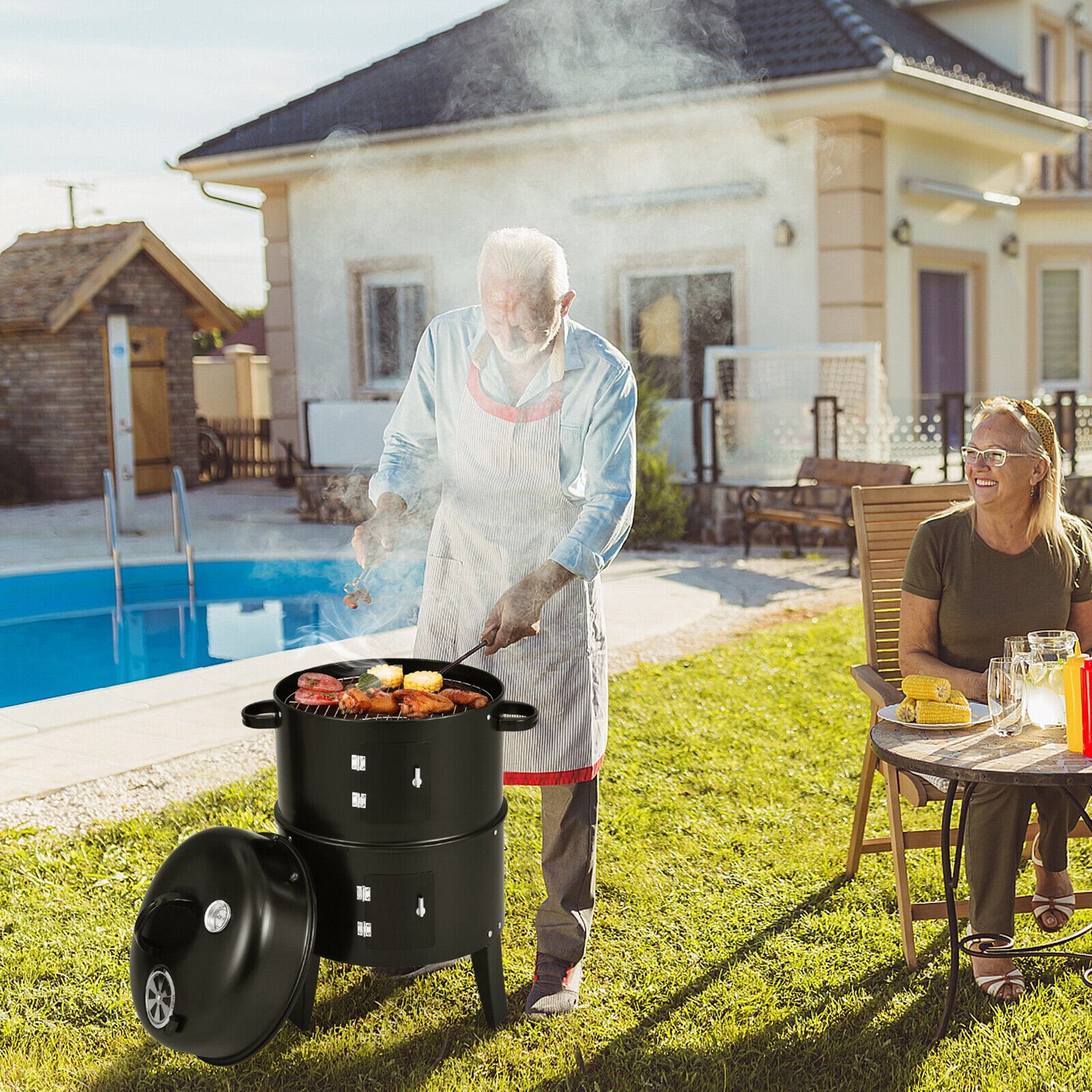 Vertical Charcoal BBQ Smoker Grill with Thermometer - Gymax