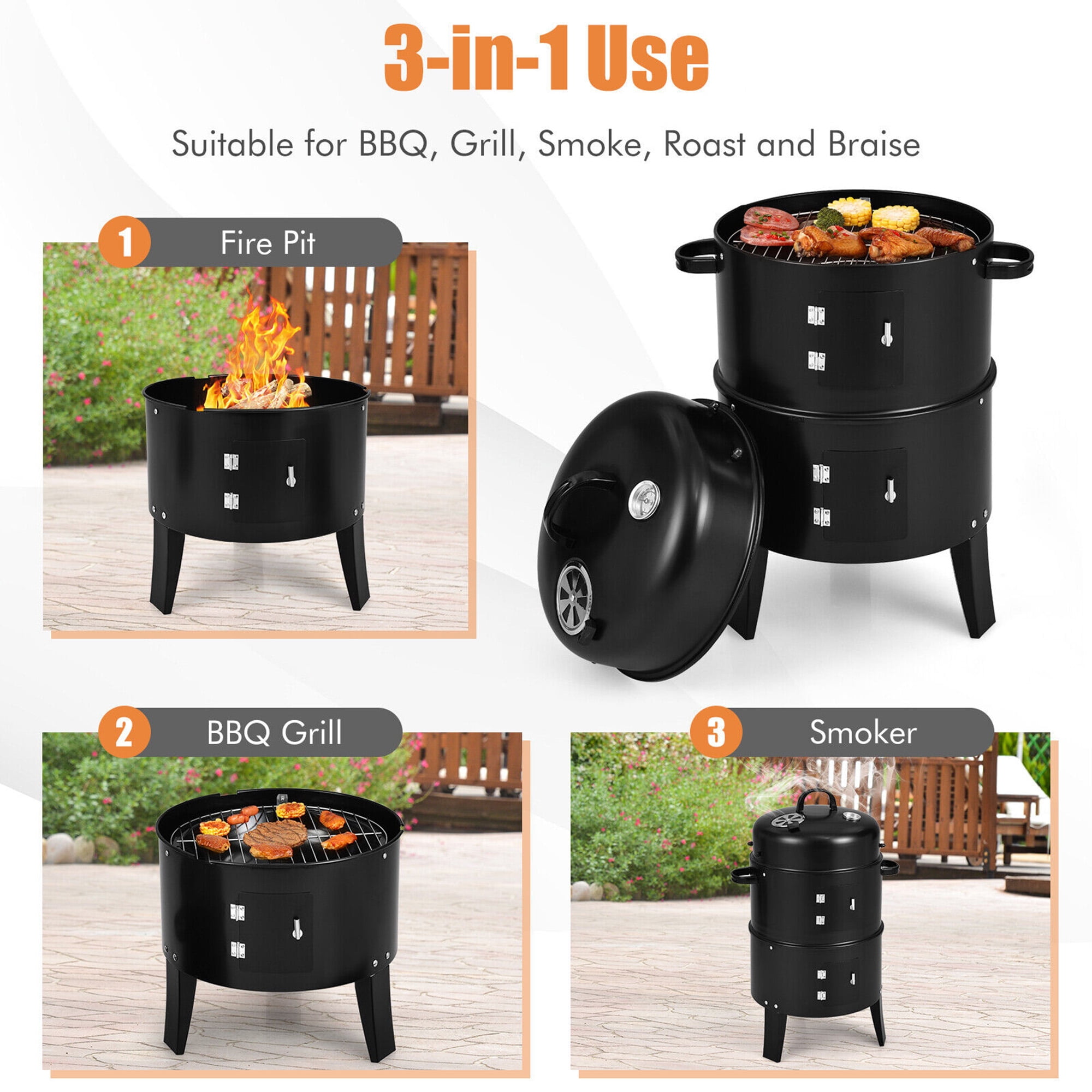 Vertical Charcoal BBQ Smoker Grill with Thermometer - Gymax