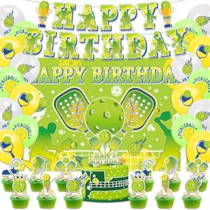 Heidaman Pickleball Party Decorations - Green & Multi-colored Cartoon Theme - Includes Backdrop, Banner, 18 Balloons, Happy Birthday Cake Topper, 12 Toppers, Ribbon & 20 Glue Points