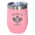 Bevvee Designated Dinker - Wine Tumbler Glass with Sliding Lid - Stainless Steel Insulated Mug - Funny Pickleball Themed Gifts and Decor - Pink