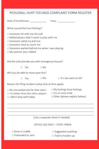 Pickleball Hurt Feelings Complaint Form Register Notebook: Funny Pickleball Complaint Log Journal for the Sore Loser. 110 Pages. Adult.