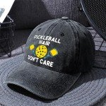 Pishovi Pickleball Hair Don't Care Fun Distressed Washed Black Baseball Cap, Vintage Adjustable Cotton Cap, Funny Retirement Gift for Man Woman, Birthday Gifts for Dad Grandpa Pickleball Lover