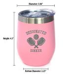 Bevvee Designated Dinker - Wine Tumbler Glass with Sliding Lid - Stainless Steel Insulated Mug - Funny Pickleball Themed Gifts and Decor - Pink
