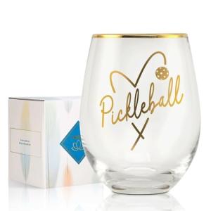 Onebttl Pickleball Gifts for Women, Pickleball Lover Glass, 17 oz Stemless Wine Glass with Foil Stamping Pattern