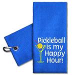 ERHACHAIJIA Pickleball is My Happy Hour Embroidered Pickleball Sports Towel with Clip. Funny Pickleball Gifts for Men Women Pickleball Lover, Birthday Retirement Mother's Day