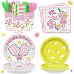 168PCS Pickleball Party Supplies for Girls Player Themed Sports Birthday Party Decorations Pink Coquette Preppy Pickleball Party Plates Napkins Tableware Set for Baby Shower Serve 24 Guests
