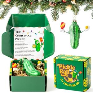 Haooryx Christmas Pickleball Pickle Glass Ornament - Funny Pickleballer Ornament Boxed Gift Set Green Glass Christmas Pickle Pendant for Xmas Tree House Tradition Decor New Year Holiday Party Favor