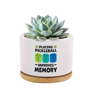 Loovelo Playing Pickleball Improves Memory Ceramic Succulent Plant Pot with Bamboo Tray Pickleball Gifts Pickleball Lovers Players Plant Lover 3.5 Inch White (No Plants)