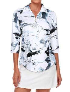 Tanst Sky Ladies Golf Tops 3X, Pickleball Shirts for Women Plus Size Quarter Zip Collared 3/4 Sleeve UPF 50 Activewear Ladies Tennis Running Workout Athletic Clothes Wash Painting XXX-Large