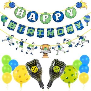 Pirese Pickleball Birthday Decorations, Pickleball Party Supplies with Happy Birthday Banner, Paddle & Pickleball Foil Balloons, Pickleball Party Decor, Pre-Strung Pickleball Decorations for Birthday